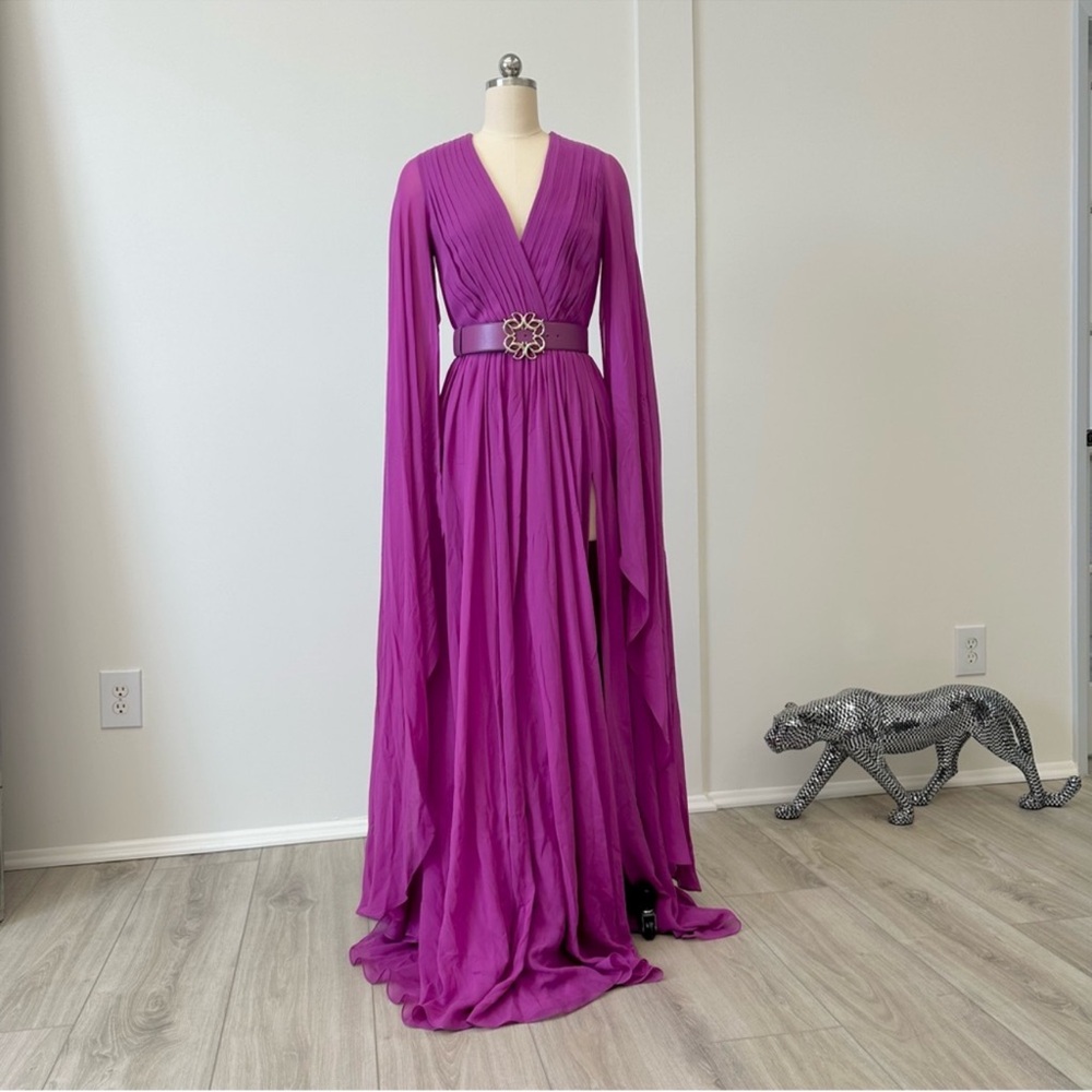 Elie Saab
Pleated V-Neck Belted Slit Silk Dress - Picture 8 of 16